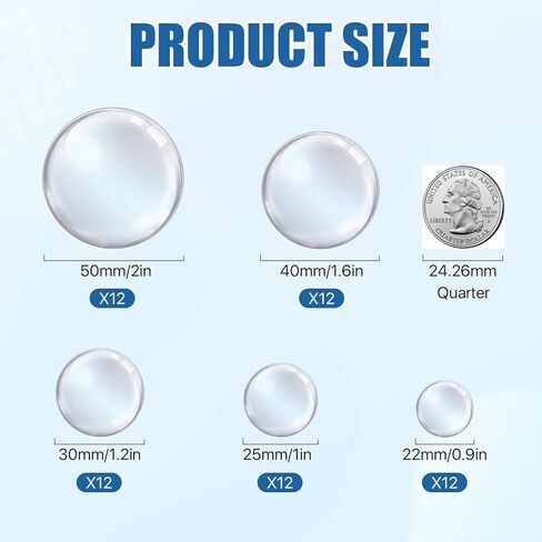Aemygo 60 Pcs Clear Glass Dome Cabochons 50mm 40mm 30mm 25mm 22mm, 5 Sizes Crystal Dome Tile Pebbles Round Gems for Crafts, Photo Pendant, Rings, Necklaces in Kuwait