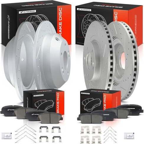 A-Premium Front and Rear Drilled and Slotted Disc Brake Rotors + Ceramic Pads Kit Compatible with Select Kia Model - Sorento 2016 2017 2018 2019, 2.0L 2.4L 3.3L, 12-PC Set in Kuwait