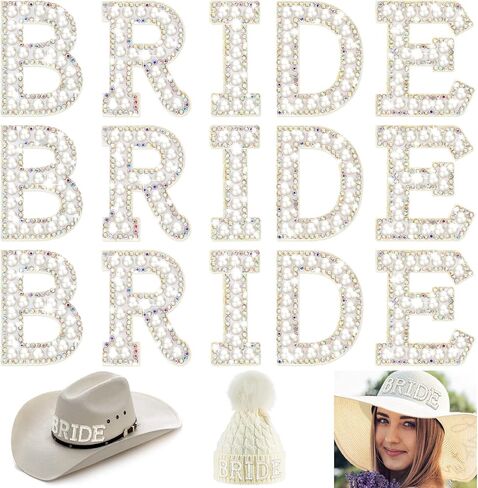 Xinnun 15 Pcs 1.81'' Bride Pearl Letter Patches Decorative Iron Self Adhesive Letters Patches for Clothing, Rhinestone Sew Stickers for Clothes Hat Shirt Shoes Jeans Bag Crafts Jackets Bridal Shower in Kuwait