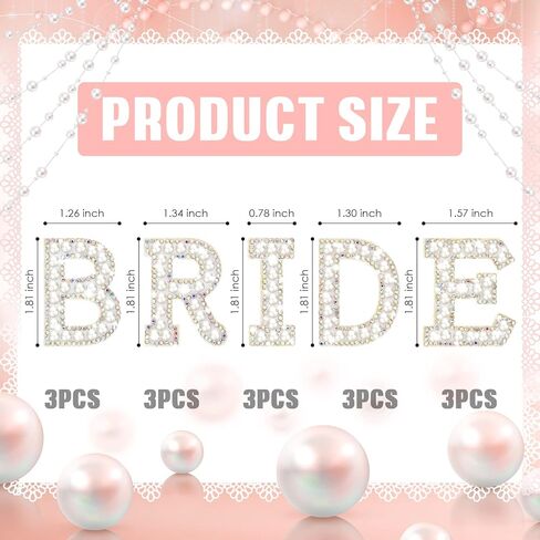 Xinnun 15 Pcs 1.81'' Bride Pearl Letter Patches Decorative Iron Self Adhesive Letters Patches for Clothing, Rhinestone Sew Stickers for Clothes Hat Shirt Shoes Jeans Bag Crafts Jackets Bridal Shower in Kuwait
