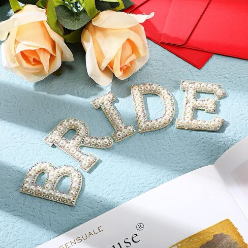 Xinnun 15 Pcs 1.81'' Bride Pearl Letter Patches Decorative Iron Self Adhesive Letters Patches for Clothing, Rhinestone Sew Stickers for Clothes Hat Shirt Shoes Jeans Bag Crafts Jackets Bridal Shower in Kuwait