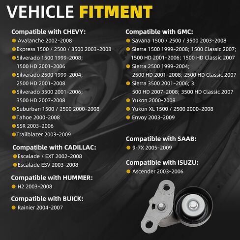 Dasbecan 38159 A/C Belt Tensioner Compatible with Chevy Tahoe 2000-2008, Gmc Yukon 2000-2008, Cadillac Escalade 2002-2008, Chevy Avalanche 2002-2008 Replaces# 38159 88996998 12562065 in Kuwait
