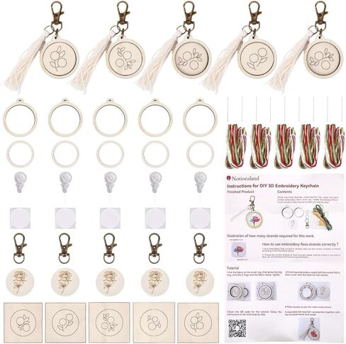FREEBLOSS 5 Set Embroidery Keychain Kit with Mini Embroidery Hoops Stamped Mini Needlepoint Kit with Instruction Cross Stitch Kits for Beginners DIY Jewelry Pendant in Kuwait