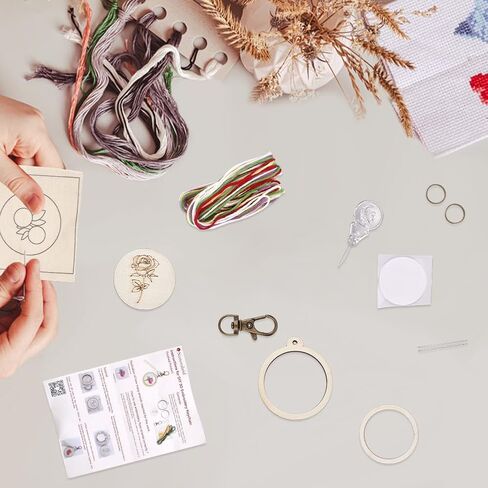 FREEBLOSS 5 Set Embroidery Keychain Kit with Mini Embroidery Hoops Stamped Mini Needlepoint Kit with Instruction Cross Stitch Kits for Beginners DIY Jewelry Pendant in Kuwait