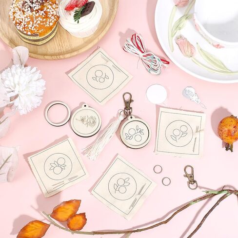 FREEBLOSS 5 Set Embroidery Keychain Kit with Mini Embroidery Hoops Stamped Mini Needlepoint Kit with Instruction Cross Stitch Kits for Beginners DIY Jewelry Pendant in Kuwait