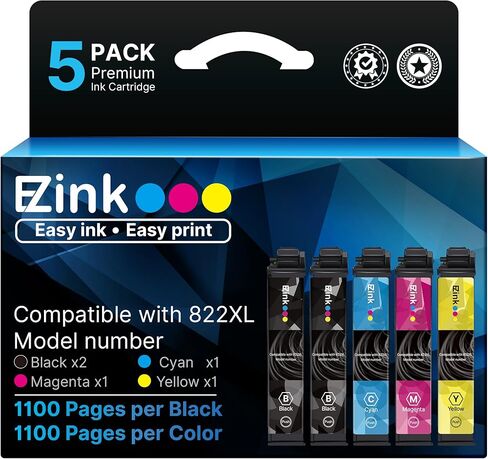 استبدال خراطيش الحبر المعاد تصنيعها من E-Z لخراطيش الحبر 822XL المستخدمة مع طابعة Pro WF-3820 WF-4820 WF-4830 WF-4833 WF-3823 (5 عبوات، أسود سماوي أرجواني أصفر) in Kuwait