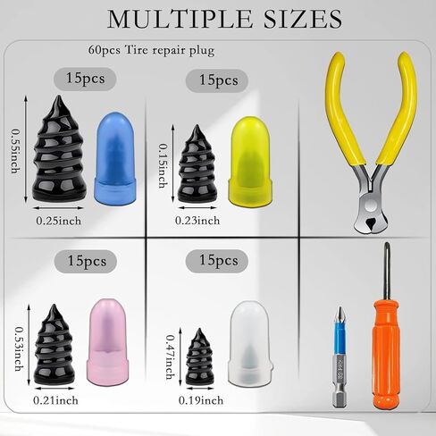 60Pcs Tire Repair Rubber Nails Kit with 4 Sizes, Tire Repair, Vacuum Tire Repair Rubber Nail, Screw in Tire Repair Plugs, Tire Rubber Nails Tool, Rubber Nails Tire Repair for Car, Motorcycle, Truck in Saudi Arabia