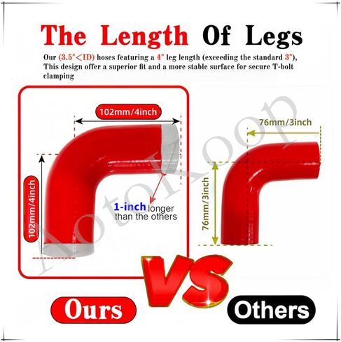 2" to 2.5" (51 to 63mm) ID 90 Degree Silicone Reducer Coupler, 4" (102mm) Long Leg for Radiator Coolant, 4-Ply Reinforced with 2 T to Bolt Clamps, Red in Kuwait