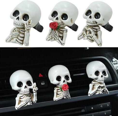 Set of 3 Halloween Skull Decor Cute Car Air Freshener Vent Clips, Resin Skeleton Holding Rose Car Diffuser Romantic Dashboard Decorations Auto Interior Accessories for Men Women in Saudi Arabia