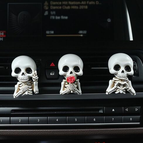 Set of 3 Halloween Skull Decor Cute Car Air Freshener Vent Clips, Resin Skeleton Holding Rose Car Diffuser Romantic Dashboard Decorations Auto Interior Accessories for Men Women in Saudi Arabia