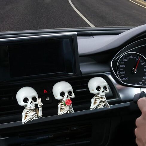 Set of 3 Halloween Skull Decor Cute Car Air Freshener Vent Clips, Resin Skeleton Holding Rose Car Diffuser Romantic Dashboard Decorations Auto Interior Accessories for Men Women in Saudi Arabia