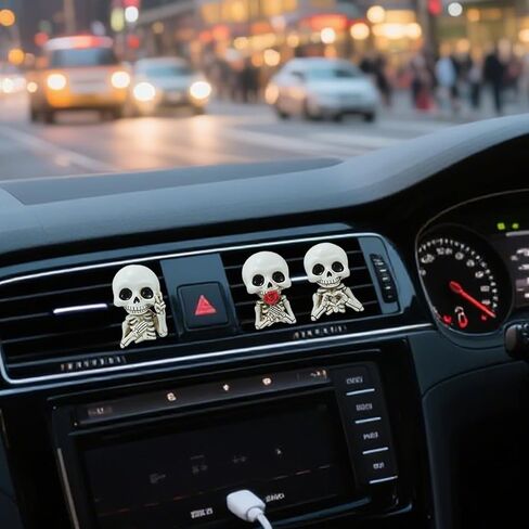 Set of 3 Halloween Skull Decor Cute Car Air Freshener Vent Clips, Resin Skeleton Holding Rose Car Diffuser Romantic Dashboard Decorations Auto Interior Accessories for Men Women in Saudi Arabia