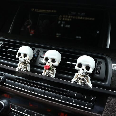 Set of 3 Halloween Skull Decor Cute Car Air Freshener Vent Clips, Resin Skeleton Holding Rose Car Diffuser Romantic Dashboard Decorations Auto Interior Accessories for Men Women in Saudi Arabia