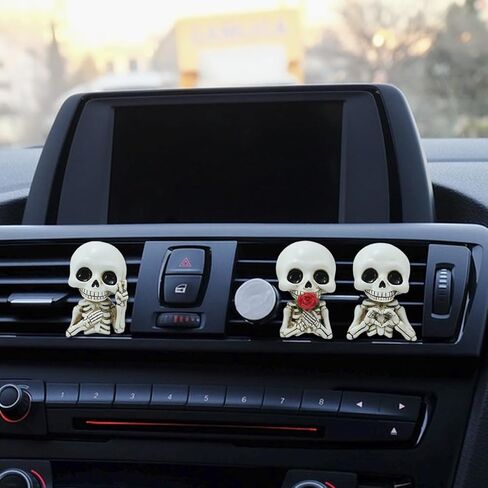 Set of 3 Halloween Skull Decor Cute Car Air Freshener Vent Clips, Resin Skeleton Holding Rose Car Diffuser Romantic Dashboard Decorations Auto Interior Accessories for Men Women in Saudi Arabia