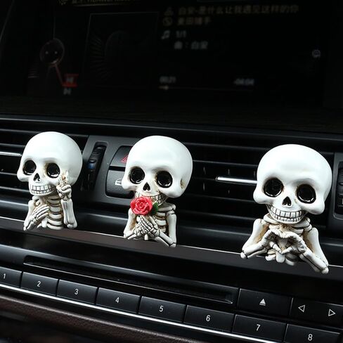 Set of 3 Halloween Skull Decor Cute Car Air Freshener Vent Clips, Resin Skeleton Holding Rose Car Diffuser Romantic Dashboard Decorations Auto Interior Accessories for Men Women in Saudi Arabia