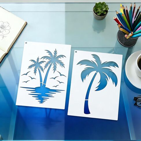 6 قطع استنسل شجرة النخيل للرسم استنسلات الشاطئ الصيفية البلاستيكية القابلة لإعادة الاستخدام قوالب رسم للحرف اليدوية DIY قماش كتاني للحائط دفتر بطاقة منسوجة من الخشب in Kuwait
