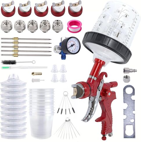 HVLP Gravity Feed Spray Gun Kit with 5 Nozzles (1.4/1.7/2.0/2.5/3.0mm), 10 Disposable 600CC Paint Cups with Lids. Ideal for Automotive and Furniture Painting Applications (Scarlet) in Saudi Arabia