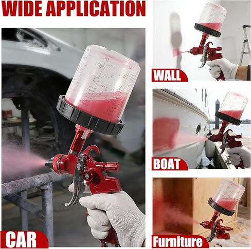 HVLP Gravity Feed Spray Gun Kit with 5 Nozzles (1.4/1.7/2.0/2.5/3.0mm), 10 Disposable 600CC Paint Cups with Lids. Ideal for Automotive and Furniture Painting Applications (Scarlet) in Saudi Arabia