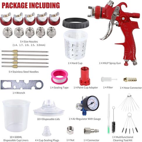 HVLP Gravity Feed Spray Gun Kit with 5 Nozzles (1.4/1.7/2.0/2.5/3.0mm), 10 Disposable 600CC Paint Cups with Lids. Ideal for Automotive and Furniture Painting Applications (Scarlet) in Saudi Arabia