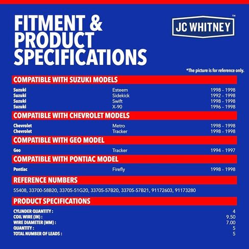 JC Whitney JFBAJCWSPW00195 مجموعة من 5 أسلاك توصيل شرارة - متوافقة مع شيفروليه مترو 1998، بونتياك فايرفلاي 1998، سوزوكي سايد كيك 92-98، X-90 96-98، جيو تراكر 94-97 - 1.3 لتر 1.6 لتر Cyl.4 in Kuwait