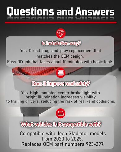 923-297 Center High Mount Stop Brake Light Compatible with Jeep Gladiator 2020 2021 2022 2023 2024 2025 68338388AC in Kuwait