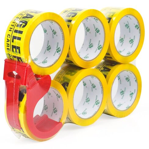 شريط BOMEI PACK الهش مقاس 2 بوصة × 180 قدم (60 ياردة) 6 لفات، مقبض شريط هش أصفر مع العناية للشحن مع موزع، شريط علامات عالي التحمل لصندوق النقل (إجمالي 360 ياردة) in Kuwait