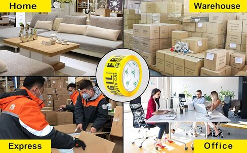 شريط BOMEI PACK الهش مقاس 2 بوصة × 180 قدم (60 ياردة) 6 لفات، مقبض شريط هش أصفر مع العناية للشحن مع موزع، شريط علامات عالي التحمل لصندوق النقل (إجمالي 360 ياردة) in Kuwait