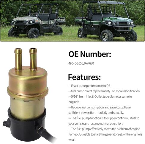 مضخة وقود كهربائية 12 فولت متوافقة مع مضخة وقود Kawasaki Mule 49040-1055 KAF620 3010 3000 3020 2500 2510 2520 1000 (8 مم داخل/مخرج) مع فلتر الوقود Am116304 in Kuwait