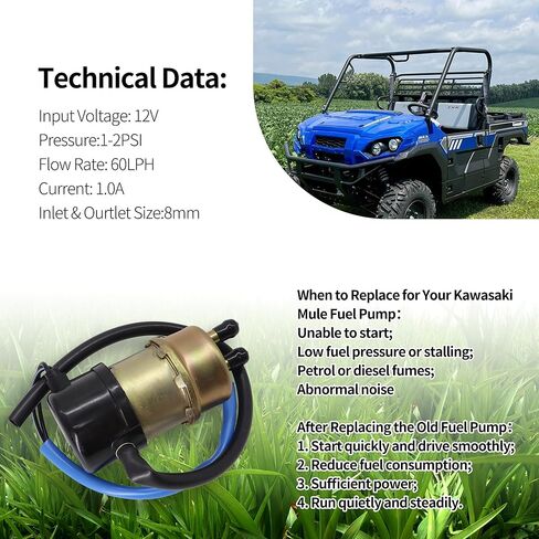 مضخة وقود كهربائية 12 فولت متوافقة مع مضخة وقود Kawasaki Mule 49040-1055 KAF620 3010 3000 3020 2500 2510 2520 1000 (8 مم داخل/مخرج) مع فلتر الوقود Am116304 in Kuwait