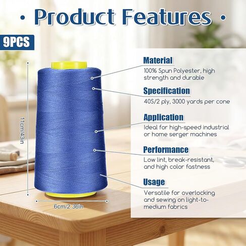 9 Pack Serger Thread Cones, 3000 Yards Each Spool, All Purpose Polyester Thread Assorted Colors, Overlock Sewing Threads Spools, for Serger Overlock Quilting Piecing Sewing Machine in Kuwait