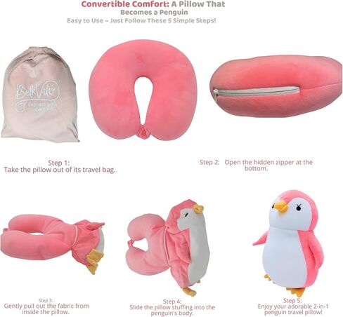 Kids Travel Pillow, 2-in-1 Plush Penguin Neck Pillow & Stuffed Animal, Soft and Comfortable for Car & Airplane Travel, Medium 12" in Kuwait