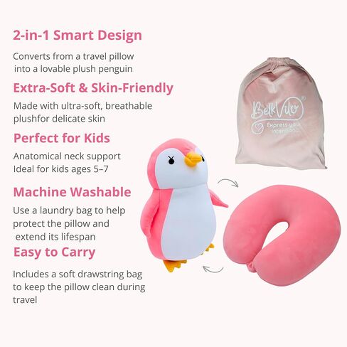 Kids Travel Pillow, 2-in-1 Plush Penguin Neck Pillow & Stuffed Animal, Soft and Comfortable for Car & Airplane Travel, Medium 12" in Kuwait
