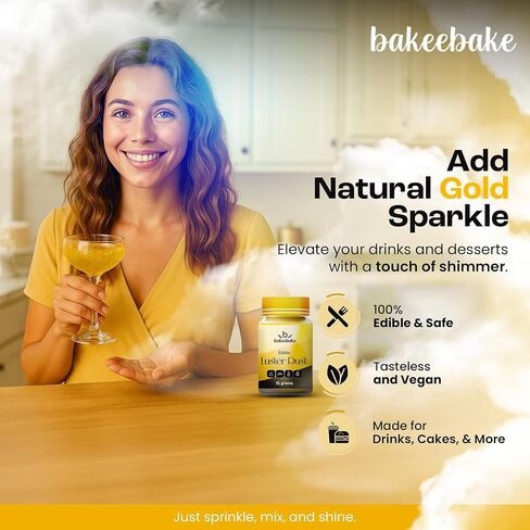 غبار Bakeebake Gold Luster صالح للأكل 15 جم - بريق صالح للأكل للمشروبات والحلويات - غبار ذهبي صالح للأكل خالٍ من الغلوتين لتزيين الكيك - بريق مشروب نباتي لا طعم له للكوكتيلات والحفلات (ذهبي) in Kuwait