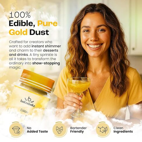 غبار Bakeebake Gold Luster صالح للأكل 15 جم - بريق صالح للأكل للمشروبات والحلويات - غبار ذهبي صالح للأكل خالٍ من الغلوتين لتزيين الكيك - بريق مشروب نباتي لا طعم له للكوكتيلات والحفلات (ذهبي) in Kuwait