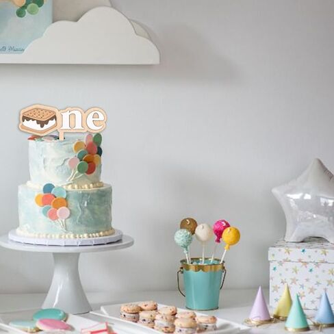 Wooden Cake Topper -'One' Birthday Cake Topper, Laser Cut Wood, First Birthday Party Decor (S'mores-themed cake topper) in Saudi Arabia