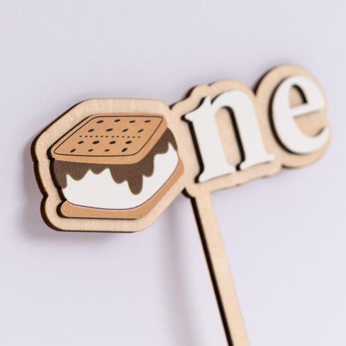 Wooden Cake Topper -'One' Birthday Cake Topper, Laser Cut Wood, First Birthday Party Decor (S'mores-themed cake topper) in Saudi Arabia