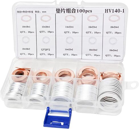 100 PCS Car Oil Drain Plug Crush Washer Assortment, 10mm 12mm 14mm 16mm 18mm Oil Plug Sealing Gasket Kit, Universal Drain Plugs Seal Replacement Set for Most Vehicles in Kuwait