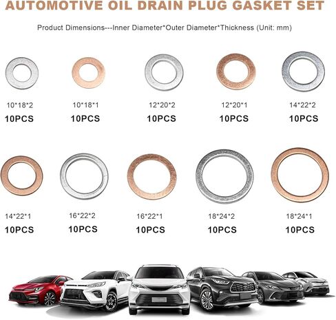 100 PCS Car Oil Drain Plug Crush Washer Assortment, 10mm 12mm 14mm 16mm 18mm Oil Plug Sealing Gasket Kit, Universal Drain Plugs Seal Replacement Set for Most Vehicles in Kuwait