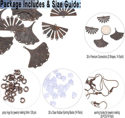 ROSENORTH Antique Copper Earring Making Kit – Brass Fan & Ginkgo Leaf Connectors, Hooks, Jump Rings & Backs for DIY Jewelry Craft Supplies (112 PCS) in Saudi Arabia