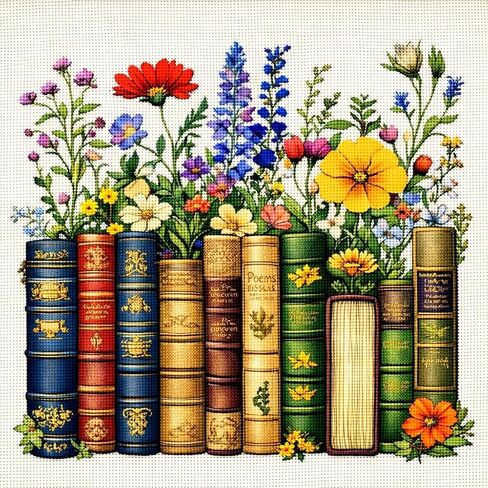 Zhenqing Books and Flowers Cross Stitch Kit for Book Lovers, 11CT Printed 36x36cm Full Stitch, Beginner-Friendly Embroidery with Threads & Instructions (70942) in Kuwait