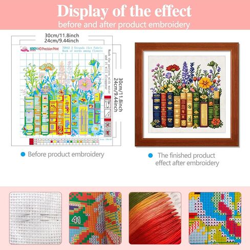 Zhenqing Books and Flowers Cross Stitch Kit for Book Lovers, 11CT Printed 36x36cm Full Stitch, Beginner-Friendly Embroidery with Threads & Instructions (70942) in Kuwait
