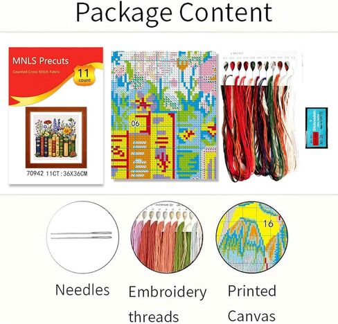 Zhenqing Books and Flowers Cross Stitch Kit for Book Lovers, 11CT Printed 36x36cm Full Stitch, Beginner-Friendly Embroidery with Threads & Instructions (70942) in Kuwait