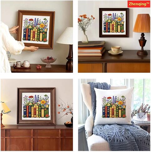 Zhenqing Books and Flowers Cross Stitch Kit for Book Lovers, 11CT Printed 36x36cm Full Stitch, Beginner-Friendly Embroidery with Threads & Instructions (70942) in Kuwait