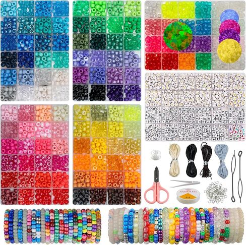 5000+ Pcs Pony Beads and Letter Beads Kit, 6-Box Organizer Set with Magic UV Color Changing Beads (6x9mm, 3.5mm Hole), Includes Alphabet Beads, Hair Braiders,Tools for Crafts (Set of six boxes A) in Kuwait