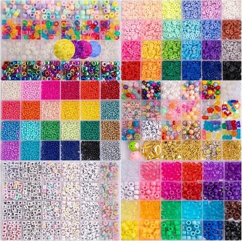 5000+ Pcs Pony Beads and Letter Beads Kit, 6-Box Organizer Set with Magic UV Color Changing Beads (6x9mm, 3.5mm Hole), Includes Alphabet Beads, Hair Braiders,Tools for Crafts (Set of six boxes A) in Kuwait