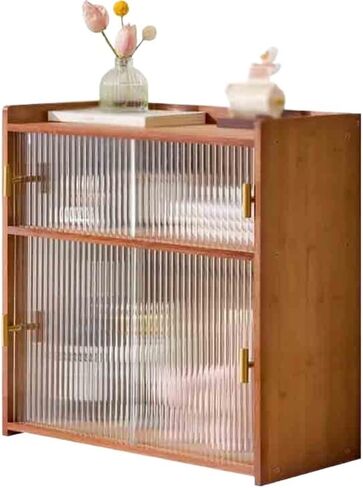 Bookshelf Double Tier Bamboo Desktop Bookcase, Glass Sliding Door Storage Shelf, for Office Home Dormitory Organizer Display Rack for Living Room Home Office(L52xW25xH53 cm) in Saudi Arabia