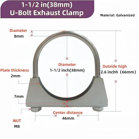 Exhaust U-Bolt Clamp Galvanized Carbon Steel Heavy Duty Muffler Clamp, Saddle Style for Exhaust System Repair & Diesel/Gas Pipes (silvery，1.5inch) in Saudi Arabia