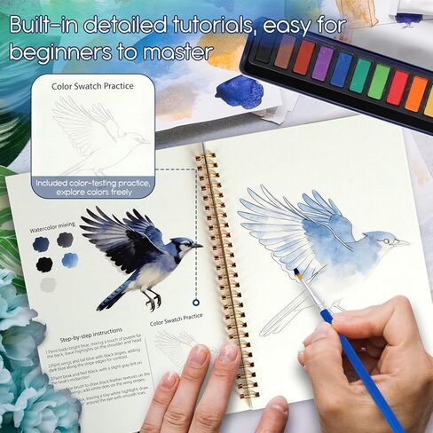 Easy-Learn Bird Watercolor Workbook, 12 Unique Bird Patterns, Bleed-Resistant Paper – Creative Gift for Adults & Teens in Kuwait