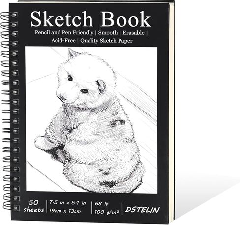 DSTELIN 7.5 x 5.1 Inch Sketch Book, 50 Sheets,100gsm, Spiral Bound Black Hardcover with Dog Cover, Ideal for Sketching and Drawing in Kuwait