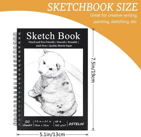 DSTELIN 7.5 x 5.1 Inch Sketch Book, 50 Sheets,100gsm, Spiral Bound Black Hardcover with Dog Cover, Ideal for Sketching and Drawing in Kuwait